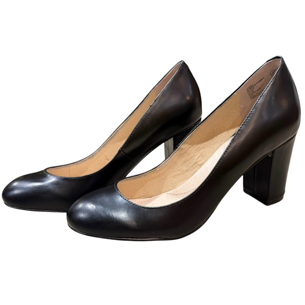 Lands End Pumps Size 7.5B Black Leather 3" Block Heel Neutral Classic Minimalist